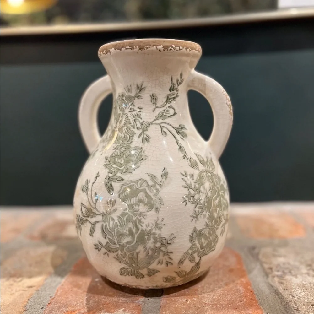 Distressed Floral Vase with Handles - Magnolia